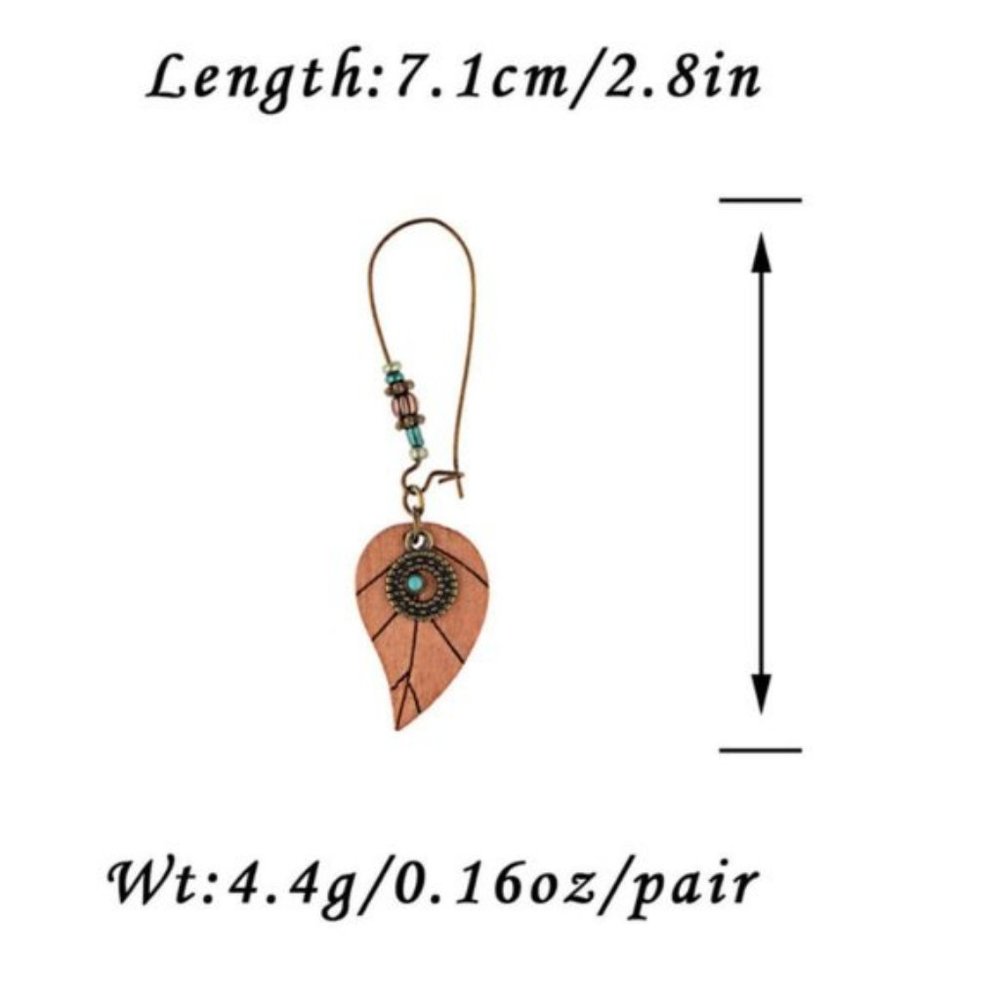 Vintage Bohemian Wood Leaves Carved Womens Earring - Picture 6 of 7